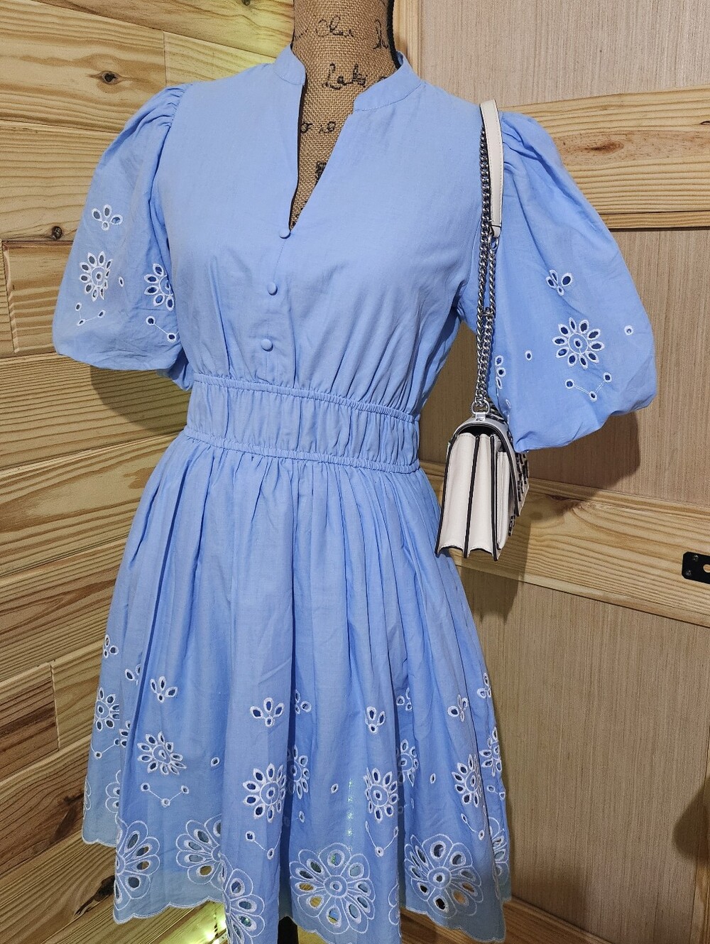Cato Light Blue Eyelet Midi Dress with Puff Sleeves